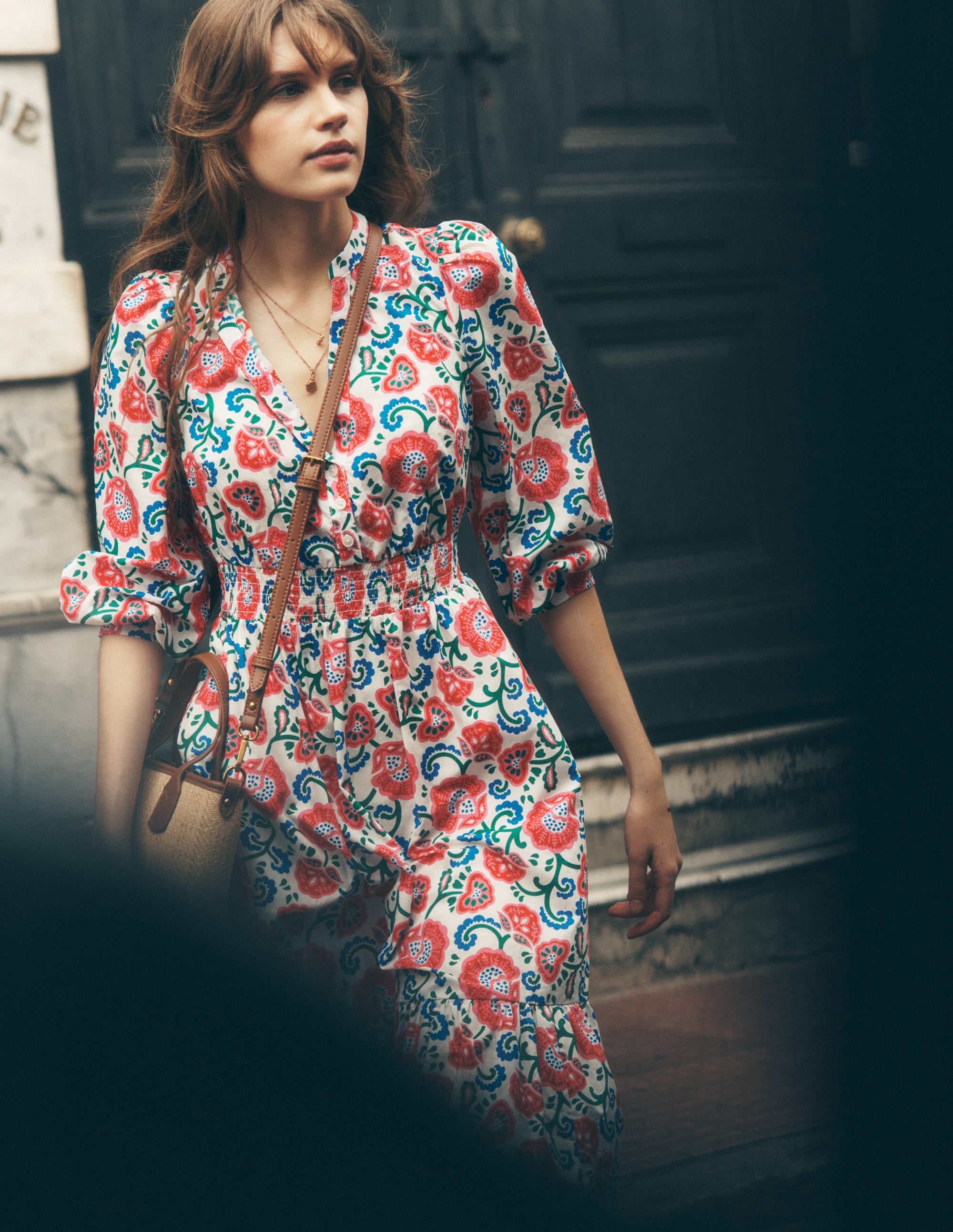 Elena Tiered Cotton Midi Dress-Ivory, Garden Vine - Image 5