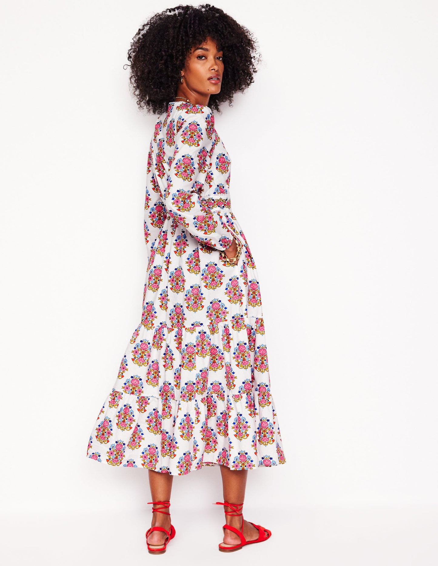 Violet Cotton Midi Dress-Ivory, Wildflower Stamp