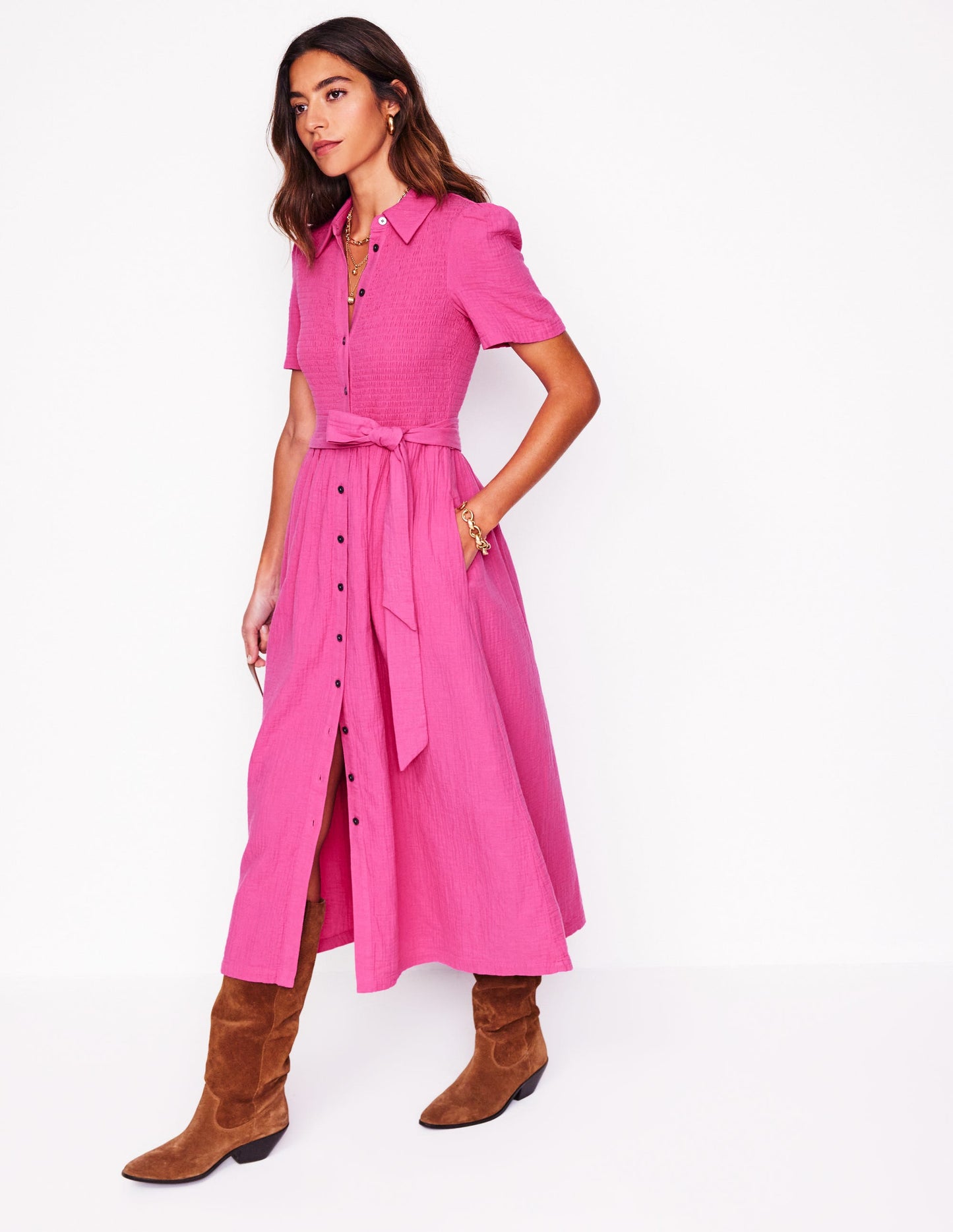 Amber Double Cloth Midi Dress-Cosmos Pink