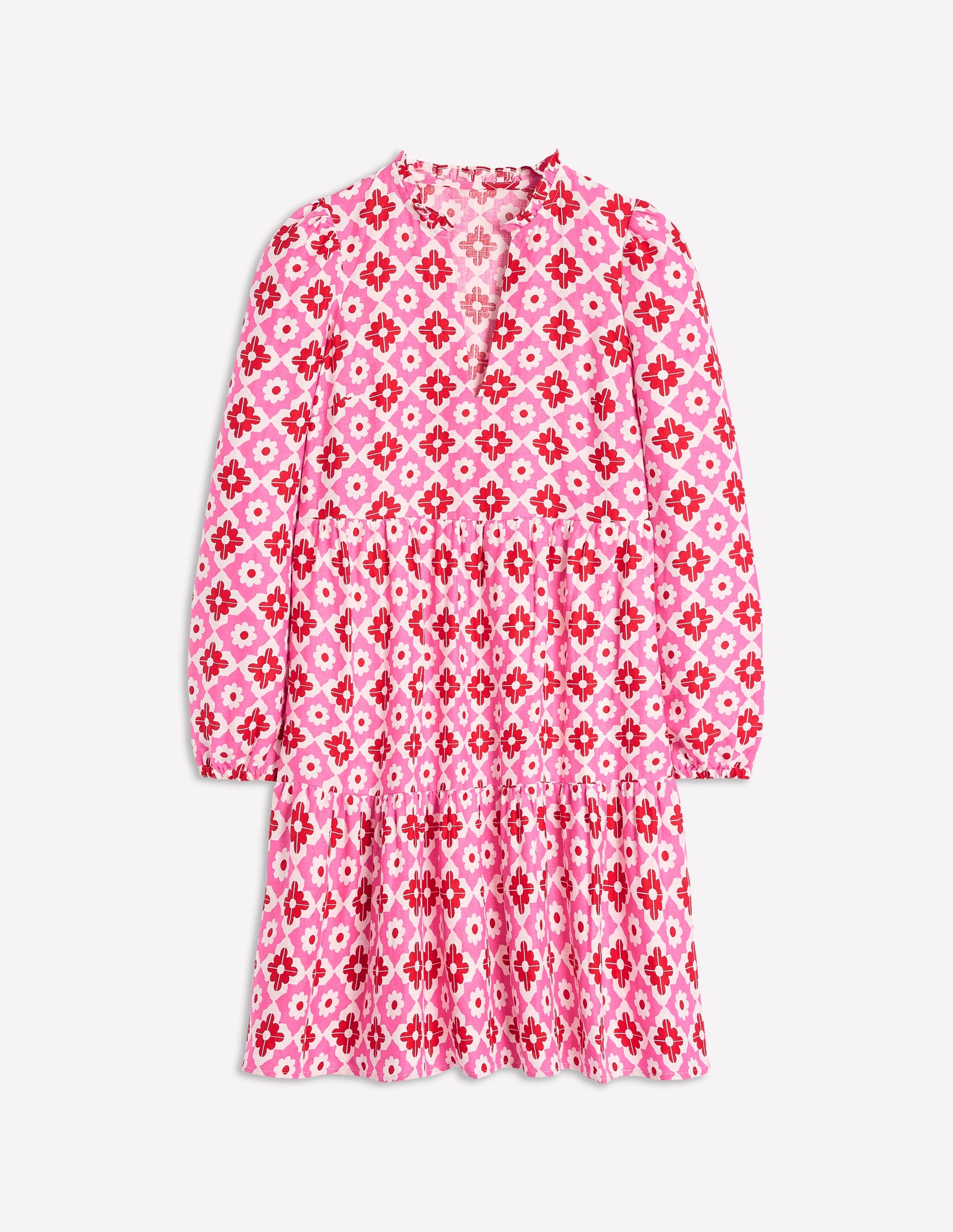 Esme Linen Mini Dress-Pink Power, Geometric Stamp - Image 5