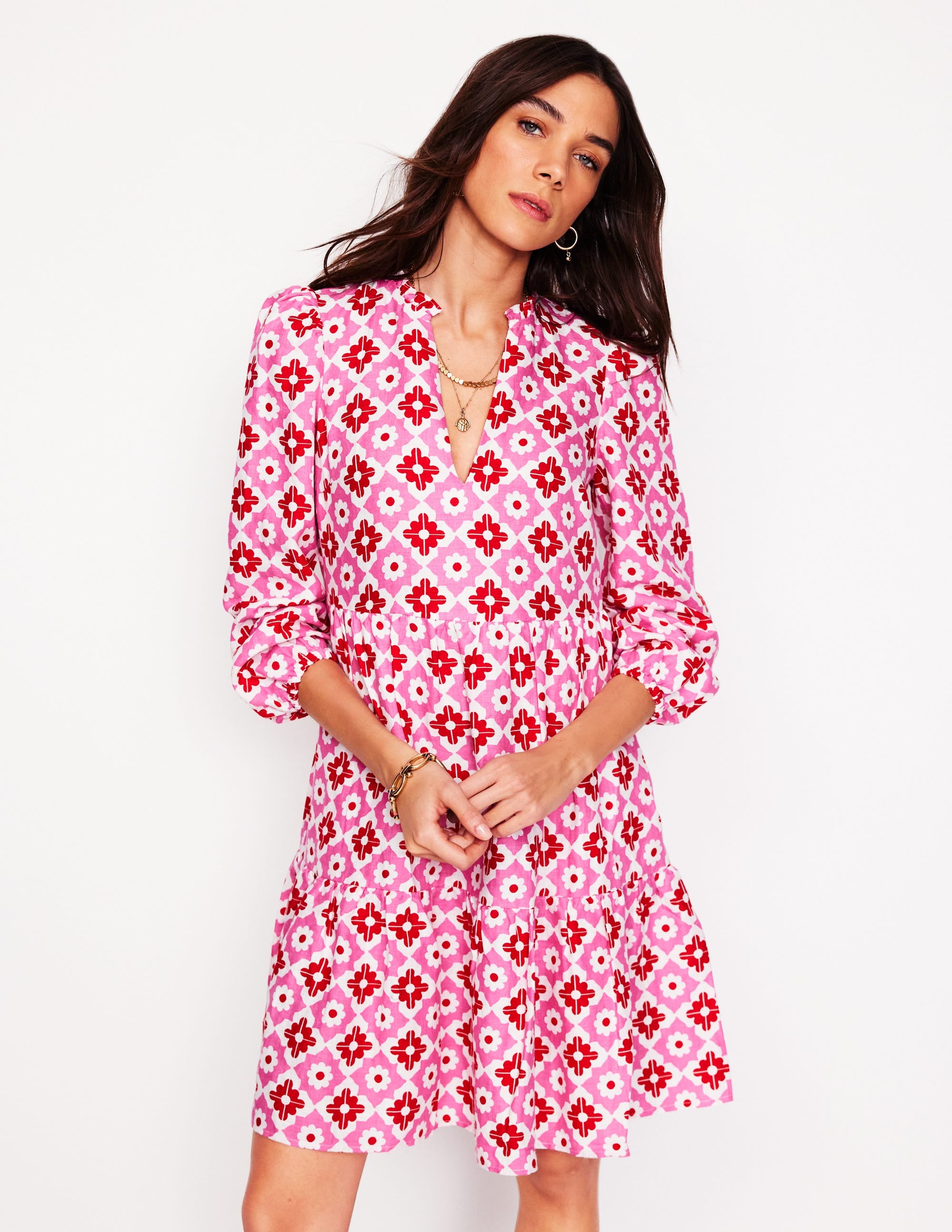 Esme Linen Mini Dress-Pink Power, Geometric Stamp - Image 1