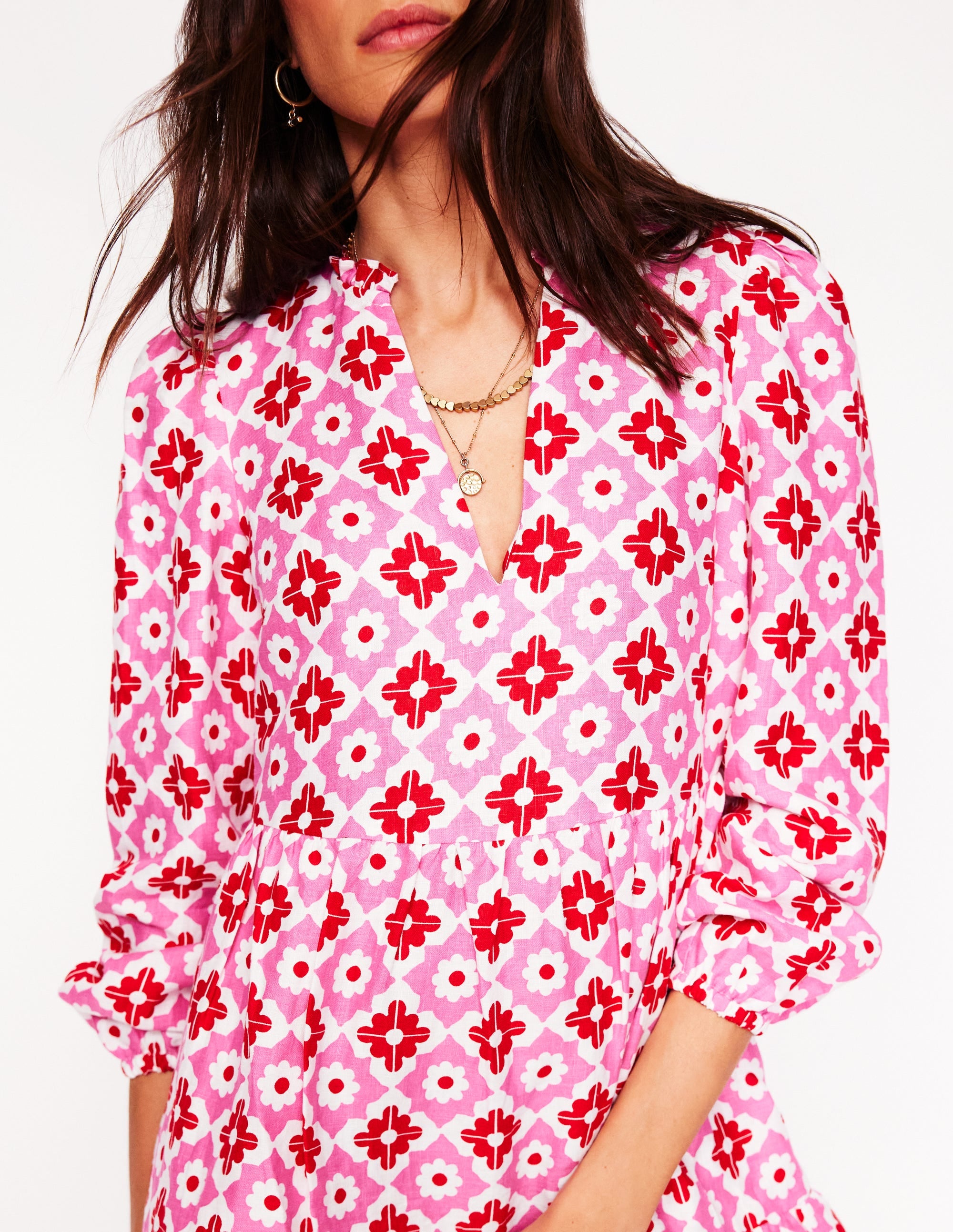Esme Linen Mini Dress-Pink Power, Geometric Stamp - Image 2