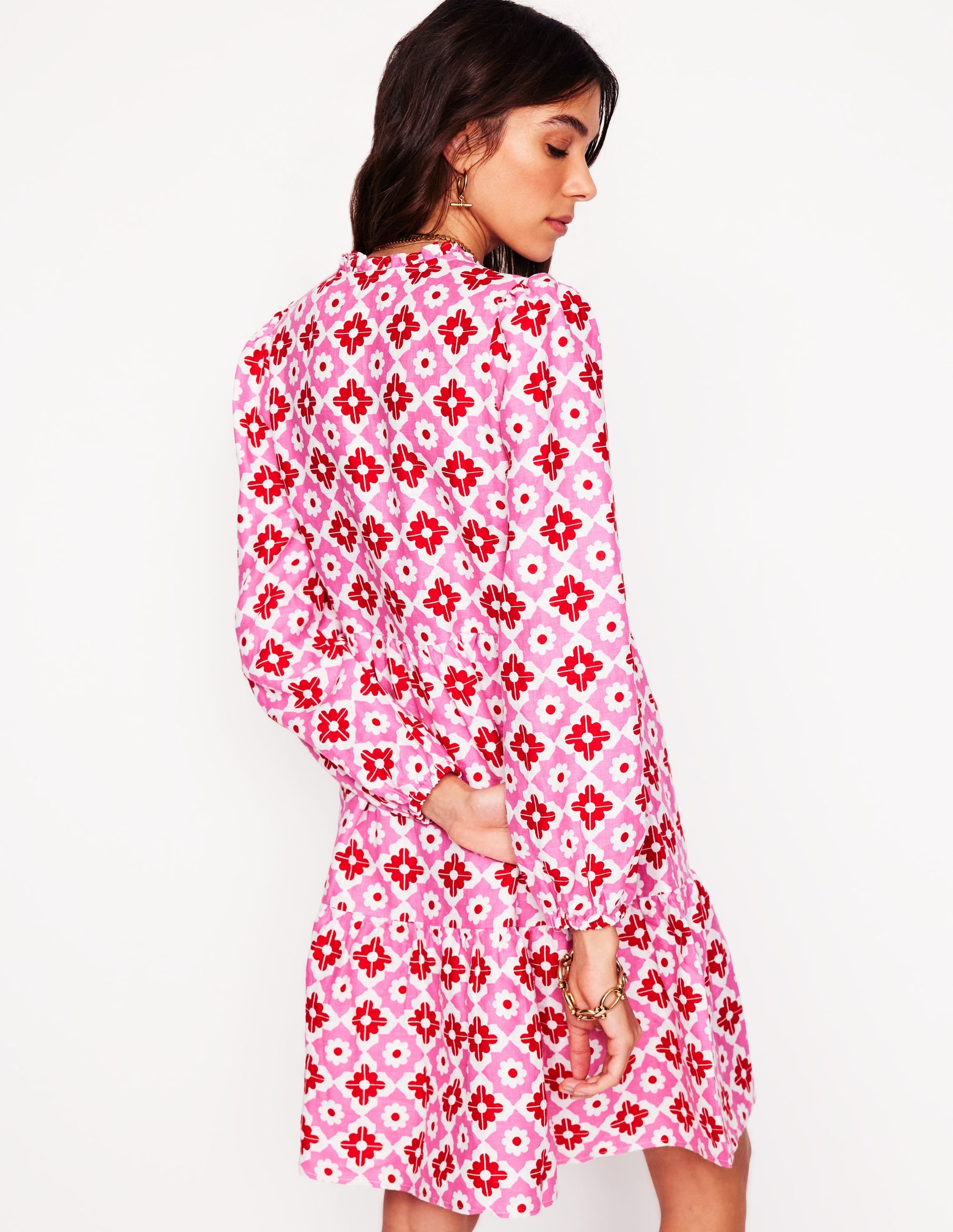 Esme Linen Mini Dress-Pink Power, Geometric Stamp - Image 3