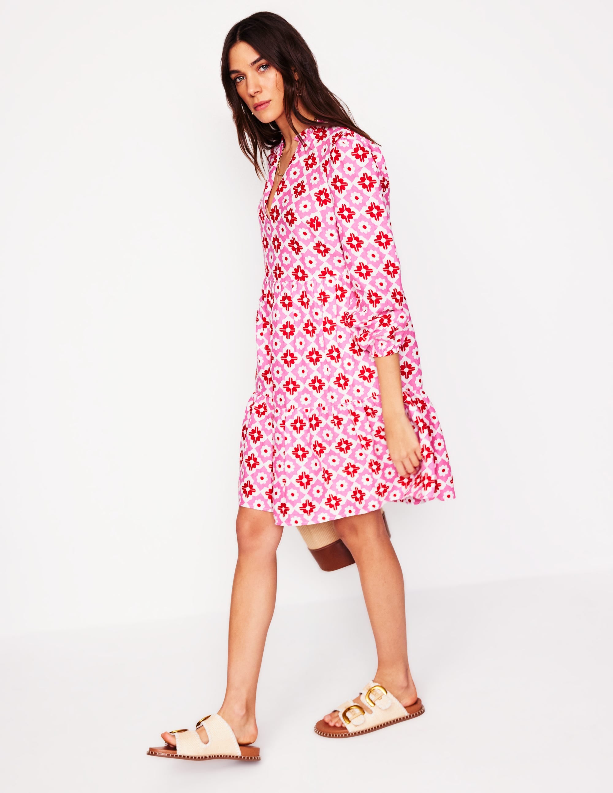 Esme Linen Mini Dress-Pink Power, Geometric Stamp - Image 4