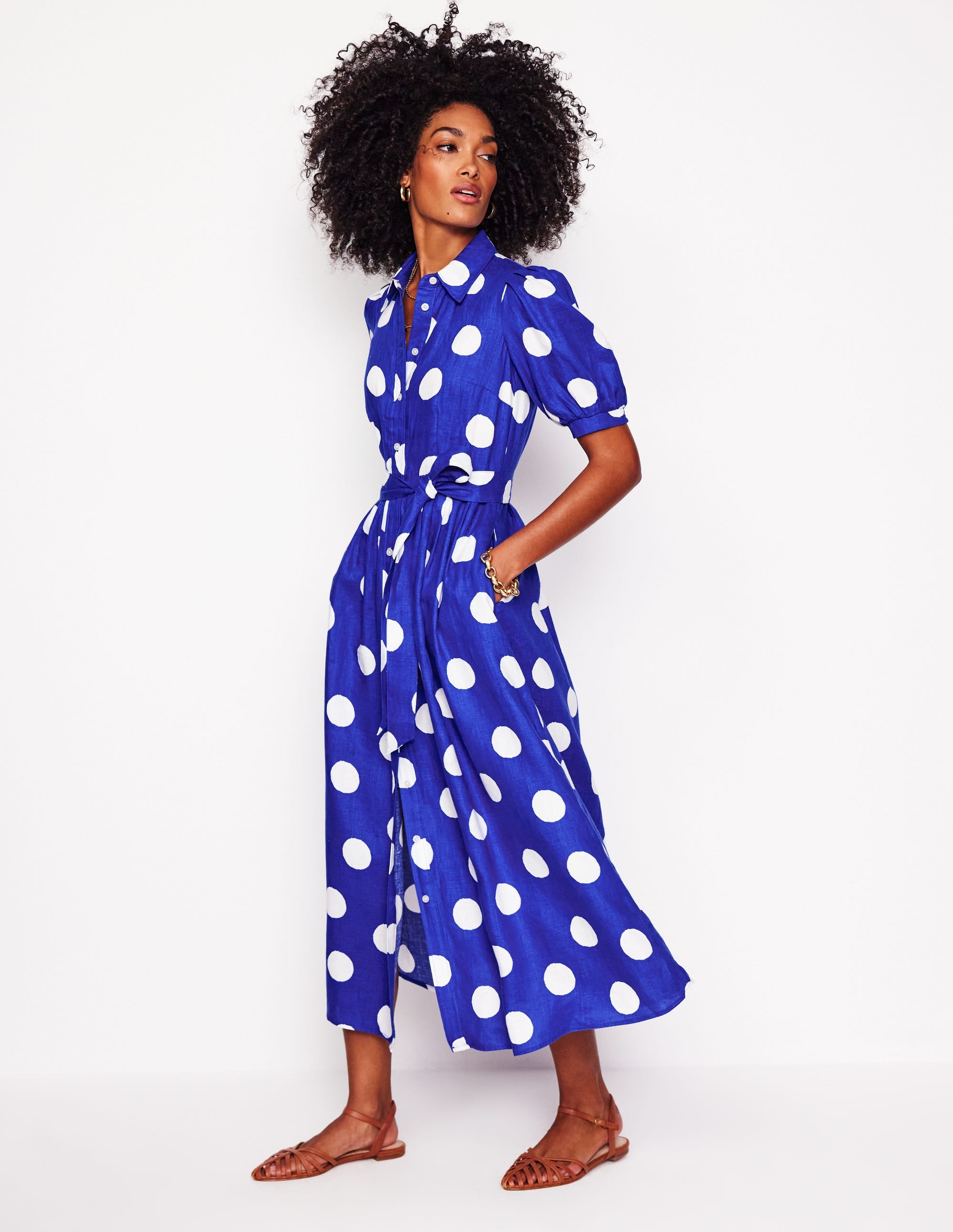 Alexa Linen Maxi Shirt Dress-Bright Blue, Abstract Dot - Image 1