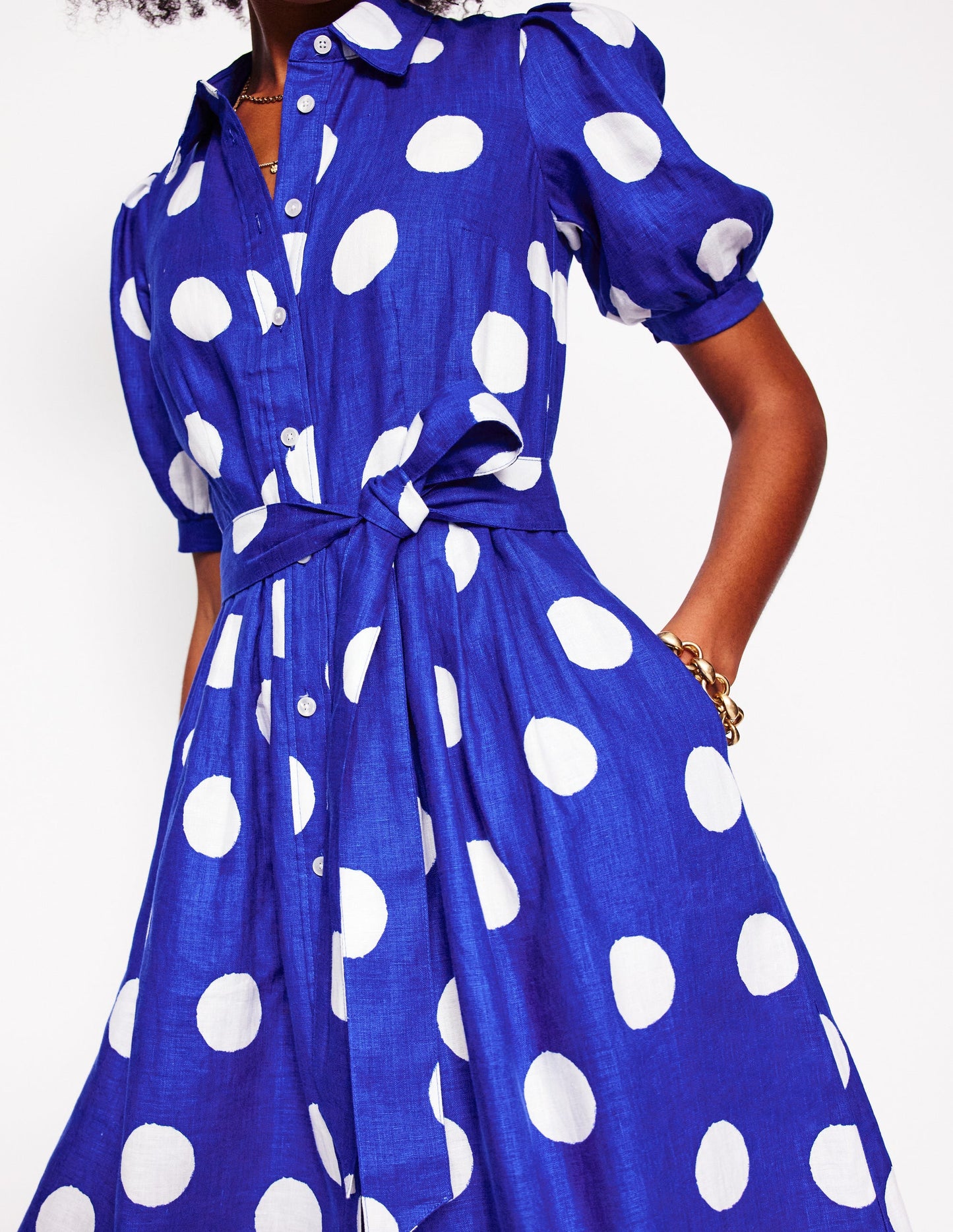 Alexa Linen Maxi Shirt Dress-Bright Blue, Abstract Dot