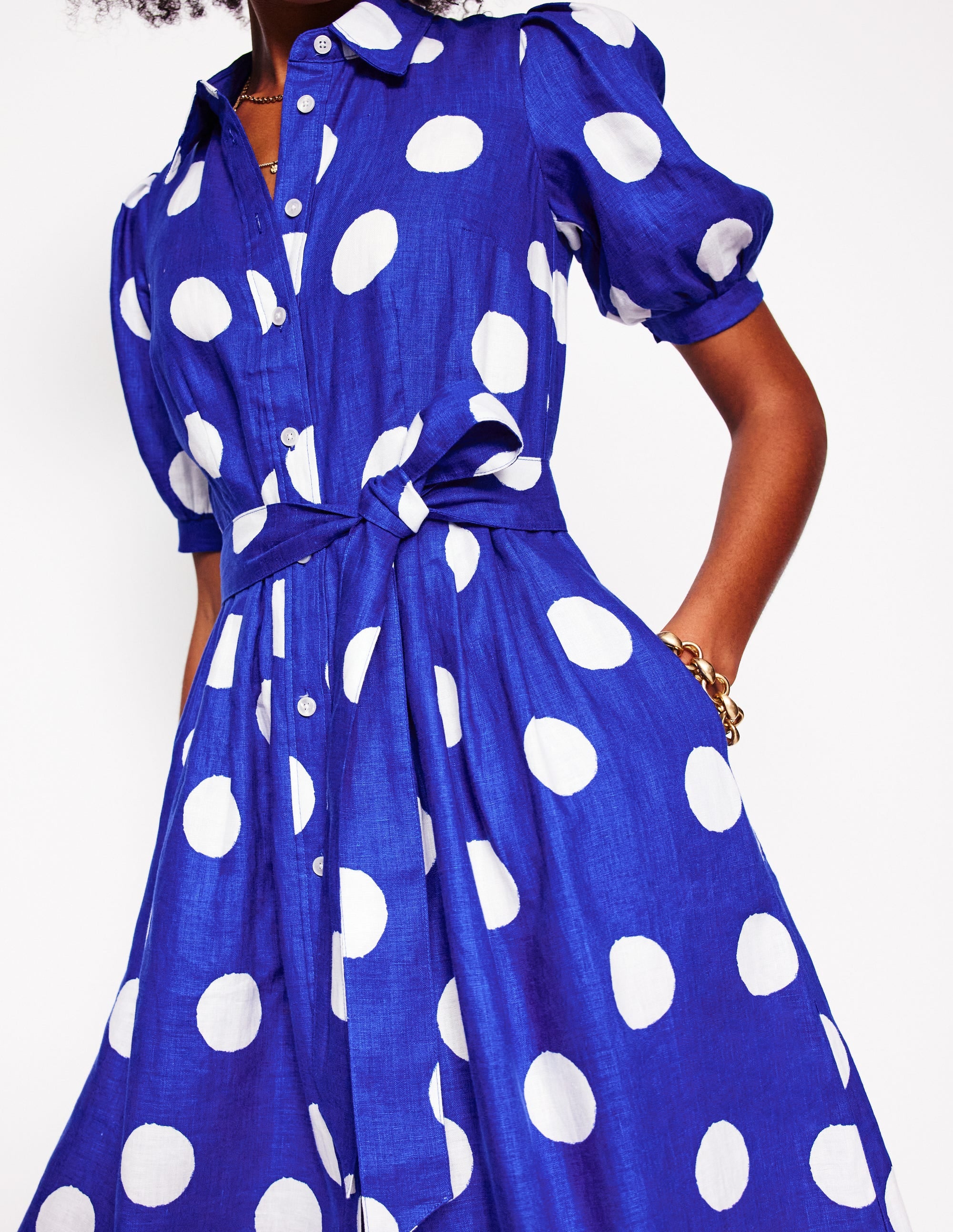 Alexa Linen Maxi Shirt Dress-Bright Blue, Abstract Dot - Image 2