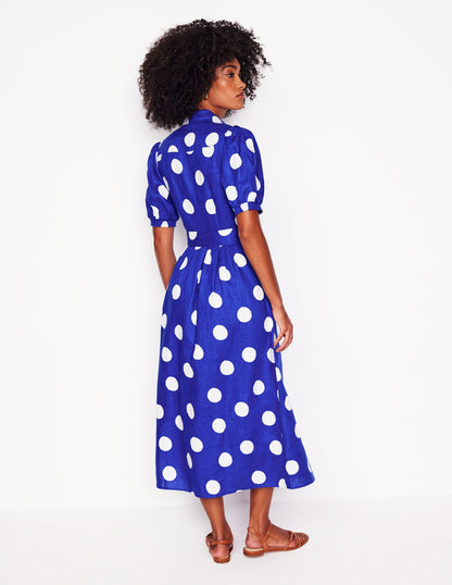 Alexa Linen Maxi Shirt Dress-Bright Blue, Abstract Dot