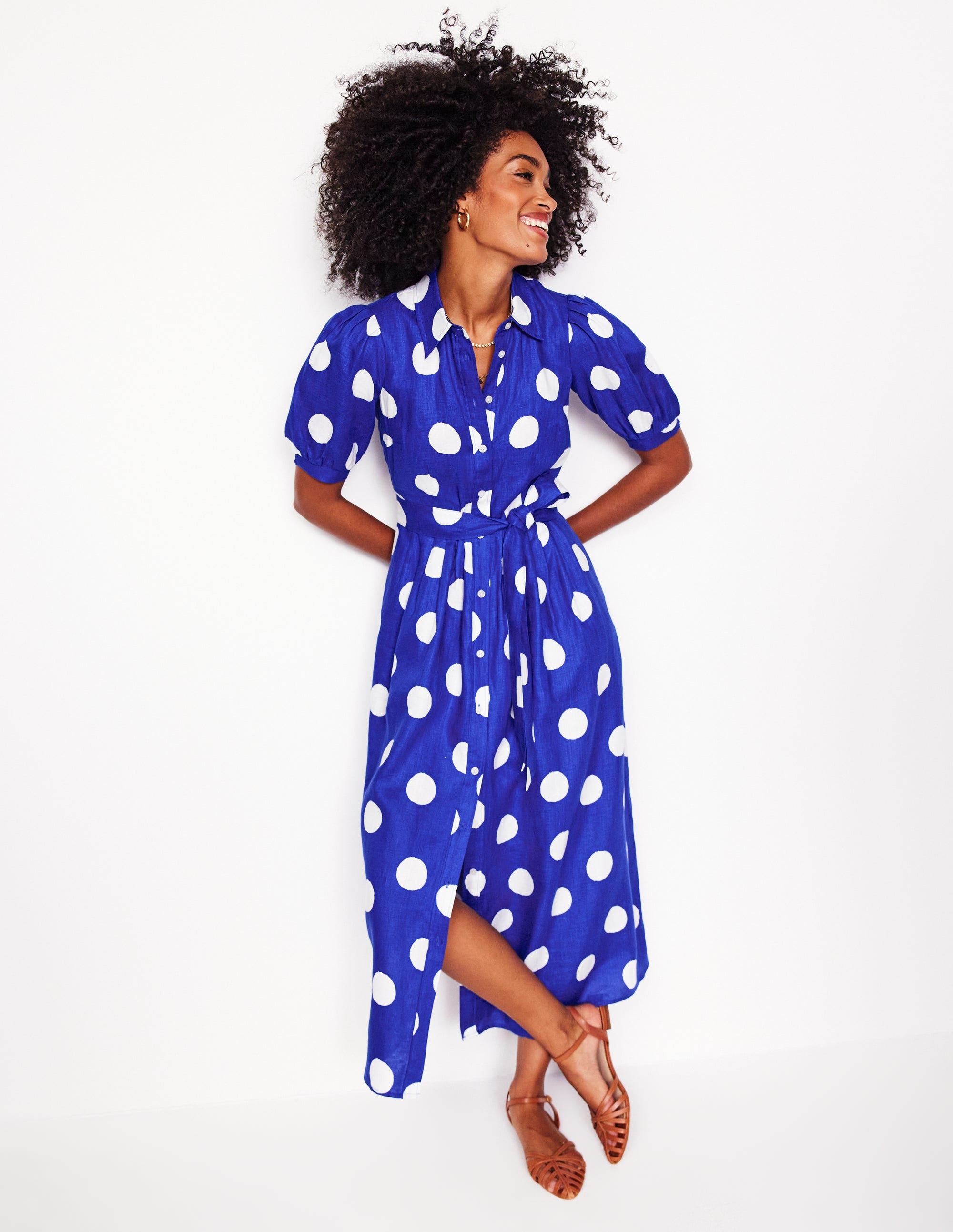 Alexa Linen Maxi Shirt Dress-Bright Blue, Abstract Dot - Image 4