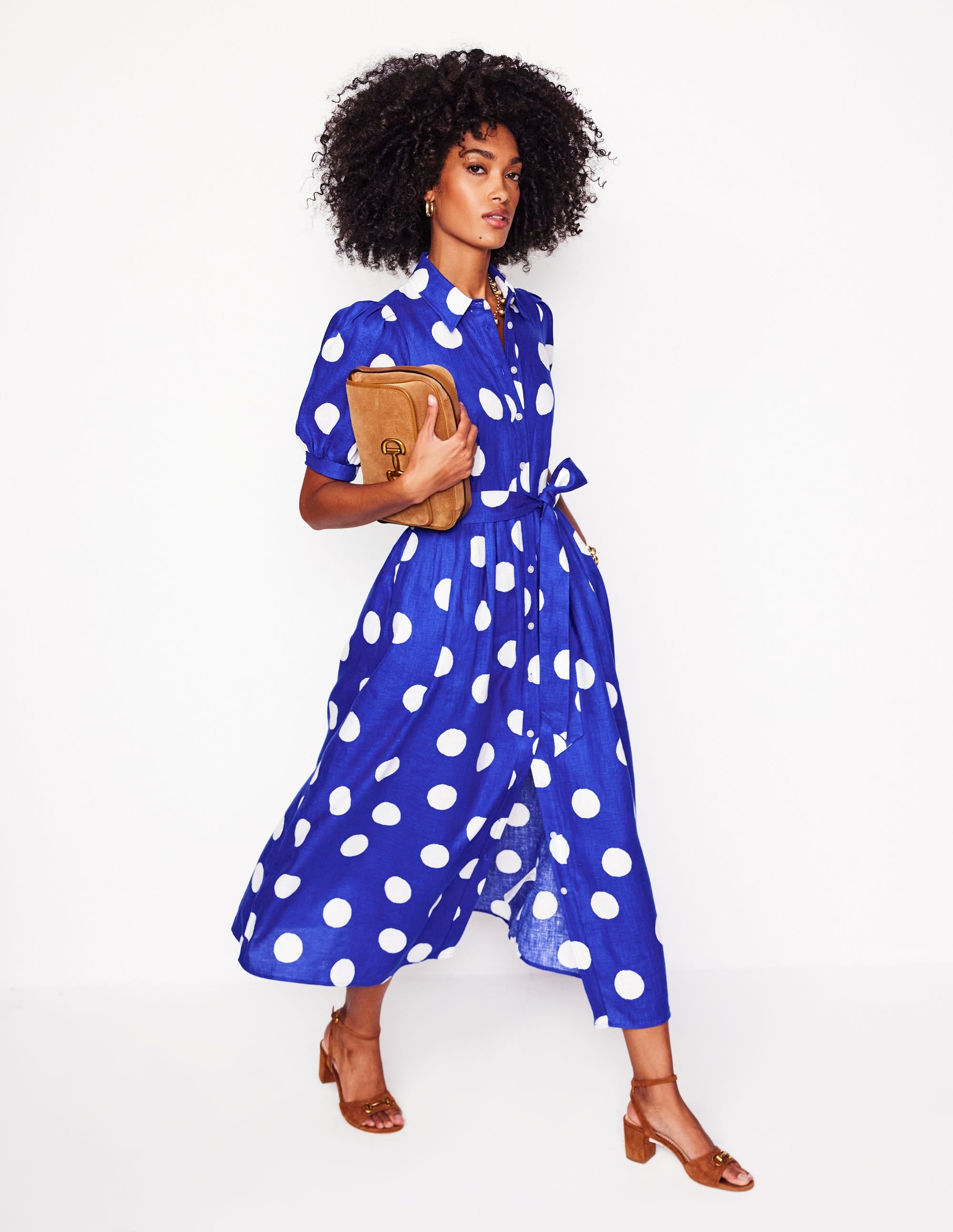 Alexa Linen Maxi Shirt Dress-Bright Blue, Abstract Dot - Image 5