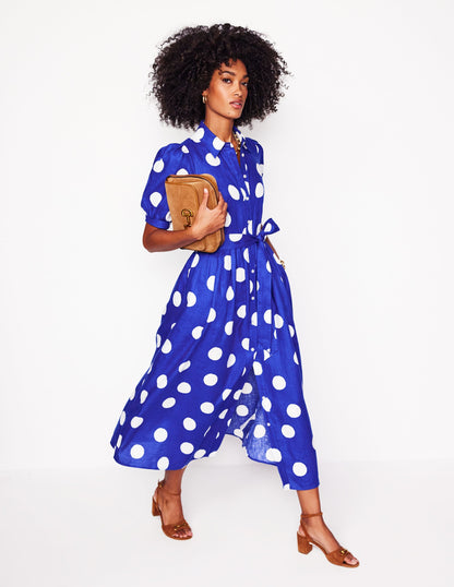 Alexa Linen Maxi Shirt Dress-Bright Blue, Abstract Dot