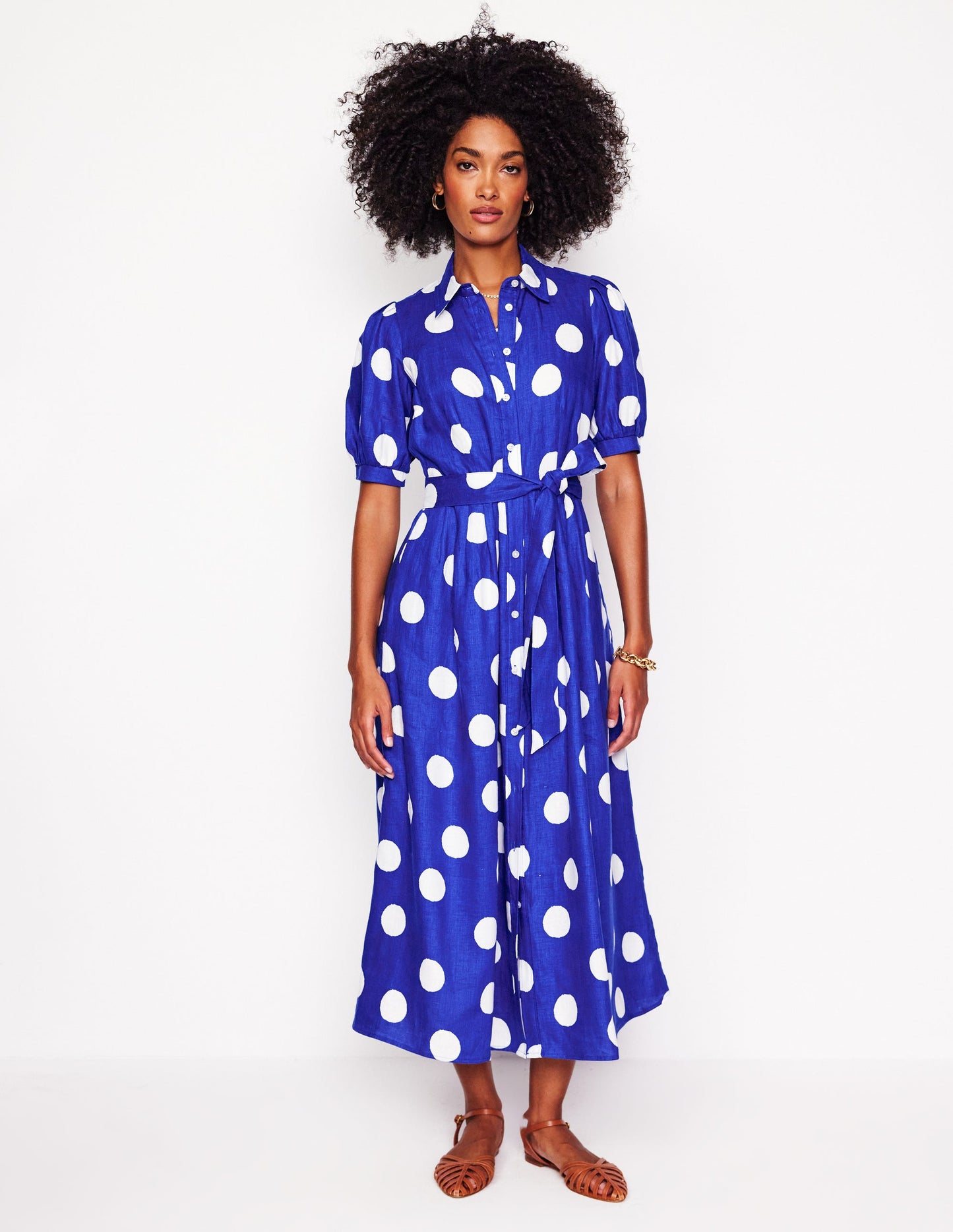 Alexa Linen Maxi Shirt Dress-Bright Blue, Abstract Dot