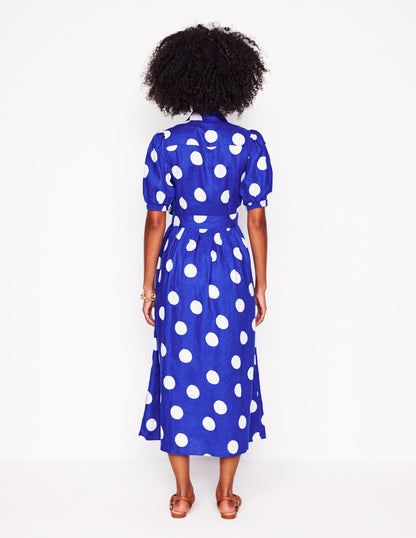 Alexa Linen Maxi Shirt Dress-Bright Blue, Abstract Dot