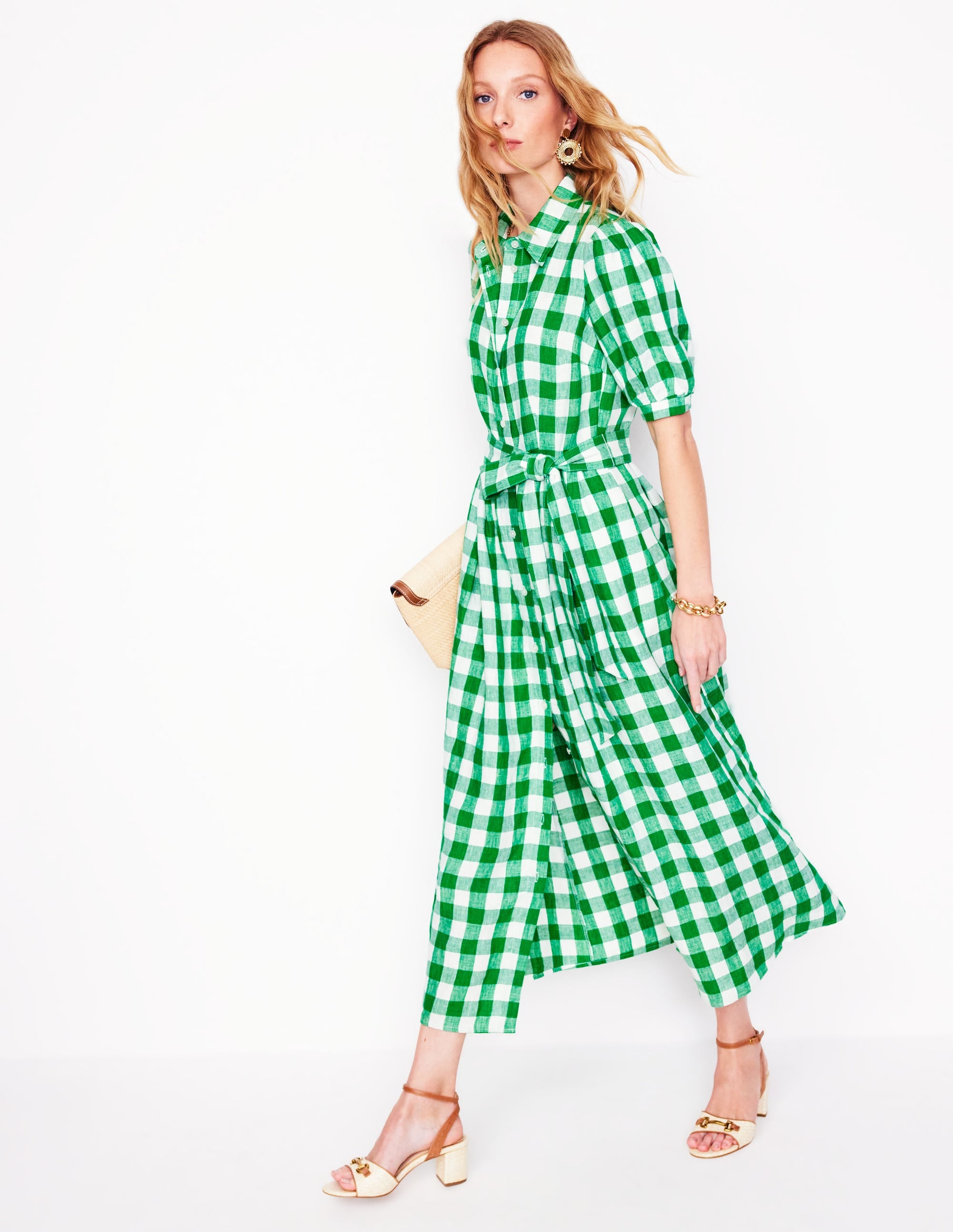 Alexa Linen Maxi Shirt Dress-Rich Emerald Gingham - Image 1