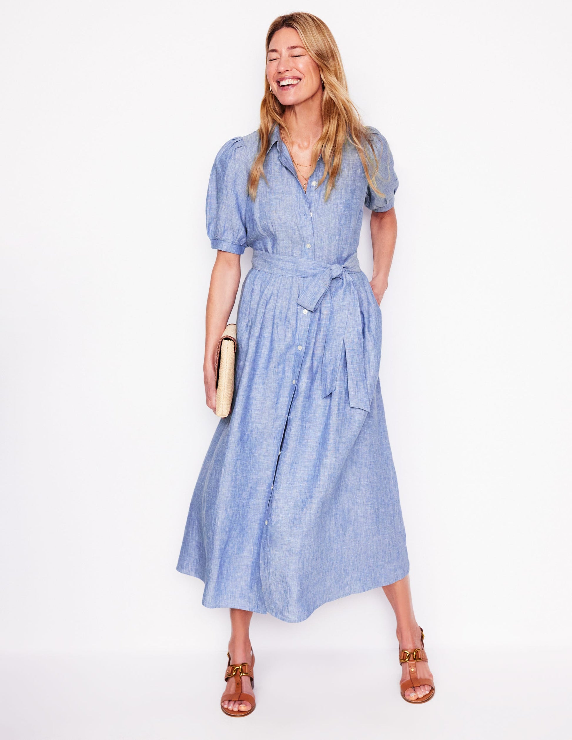 Alexa Linen Maxi Shirt Dress-Grey Blue Chambray Boden USA