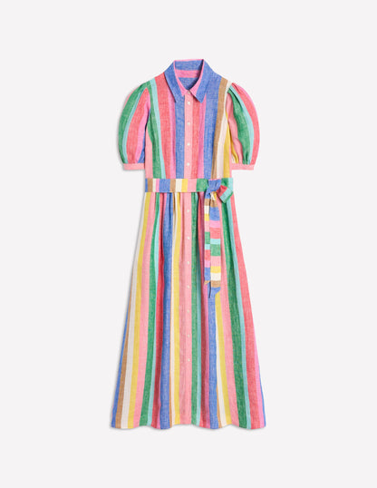 Alexa Linen Maxi Shirt Dress-Rich Emerald and Pink Rainbow