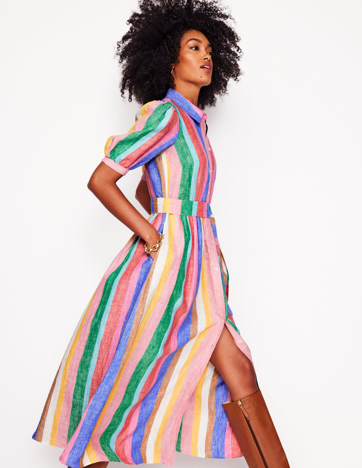 Alexa Linen Maxi Shirt Dress-Bright Rainbow Stripe - Image 1