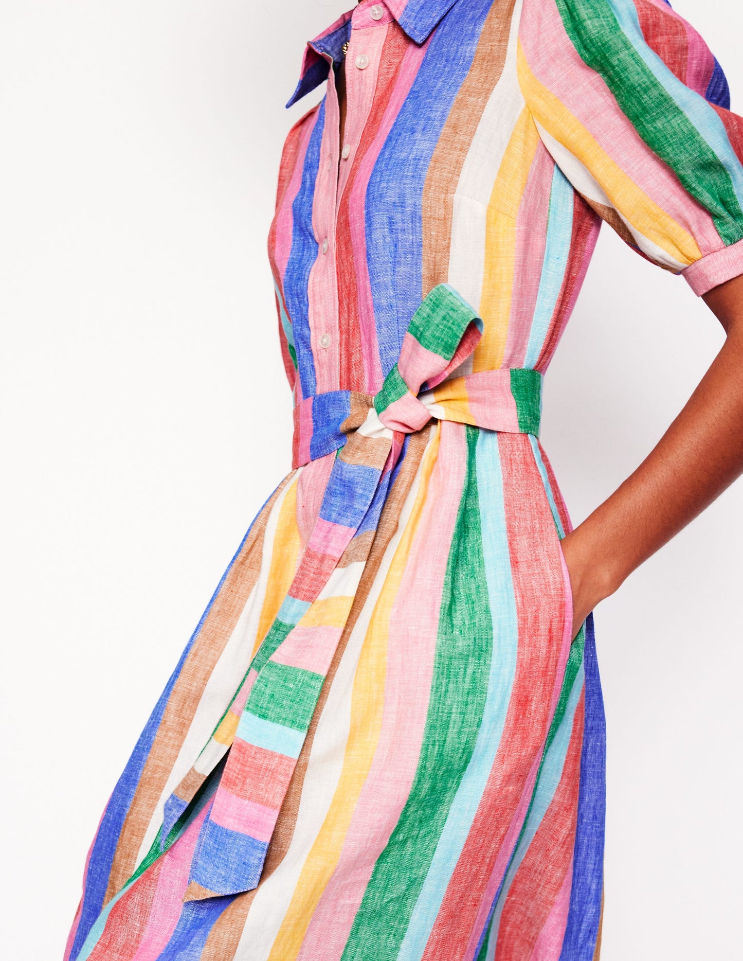 Alexa Linen Maxi Shirt Dress-Rich Emerald and Pink Rainbow