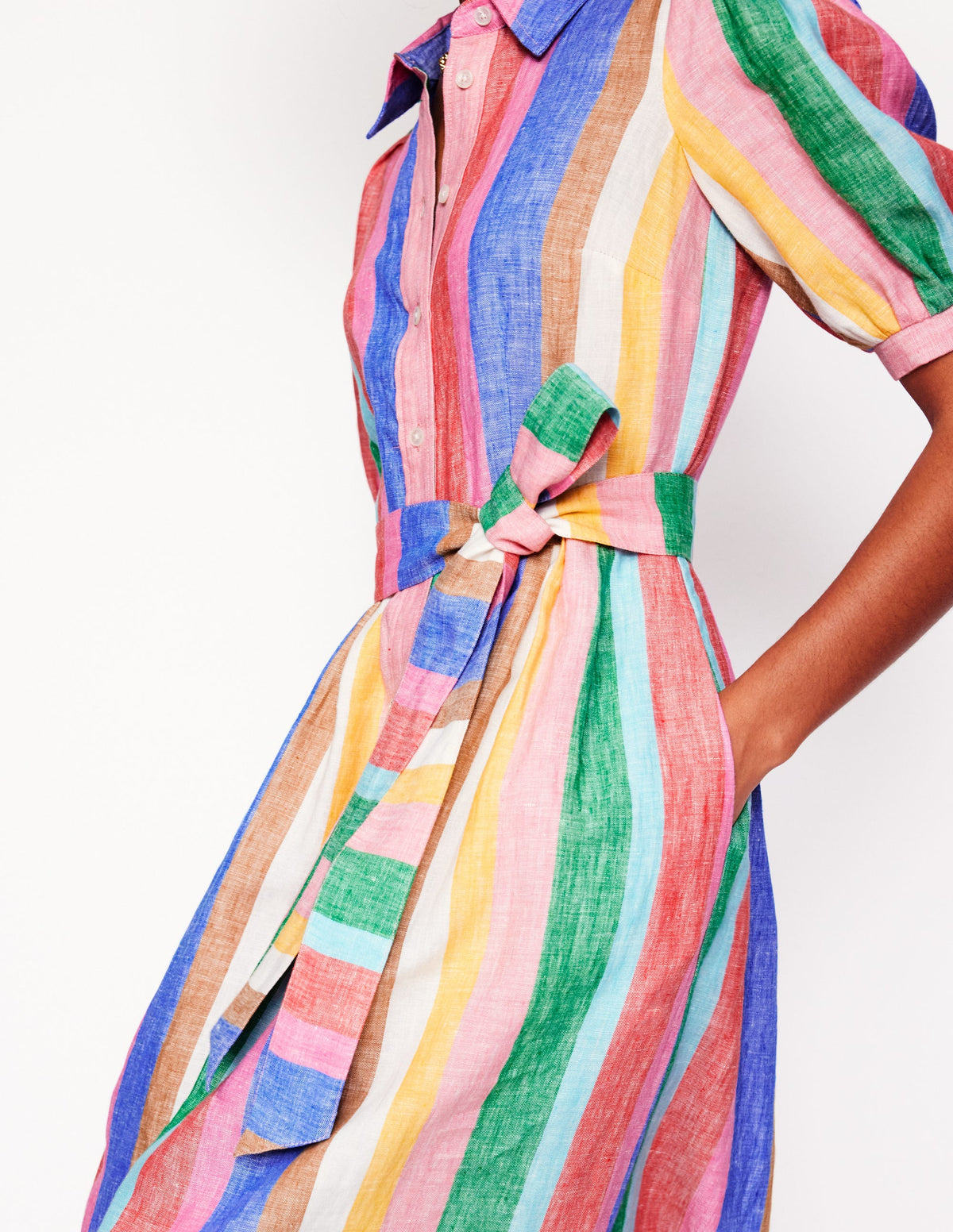 Alexa Linen Maxi Shirt Dress-Bright Rainbow Stripe - Image 2