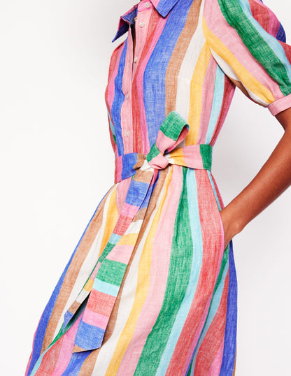 Alexa Linen Maxi Shirt Dress-Rich Emerald and Pink Rainbow