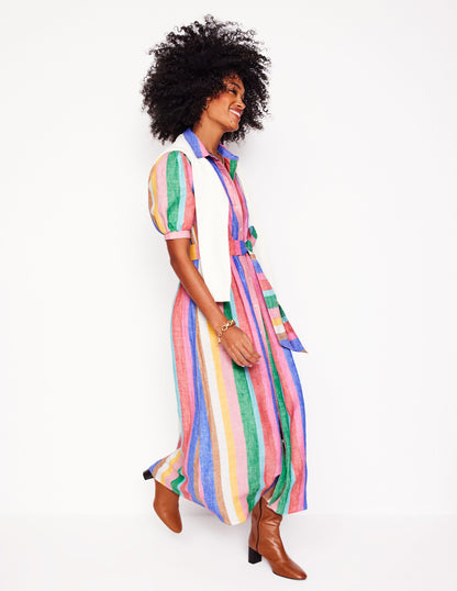 Alexa Linen Maxi Shirt Dress-Rich Emerald and Pink Rainbow