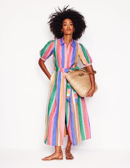 Alexa Linen Maxi Shirt Dress-Rich Emerald and Pink Rainbow