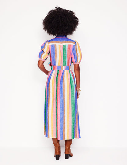 Alexa Linen Maxi Shirt Dress-Rich Emerald and Pink Rainbow