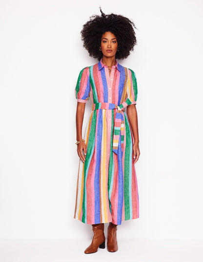 Alexa Linen Maxi Shirt Dress-Rich Emerald and Pink Rainbow