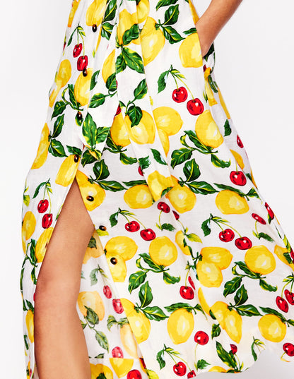 Square Neck Linen Midi Dress-Ivory, Cherries and Lemons