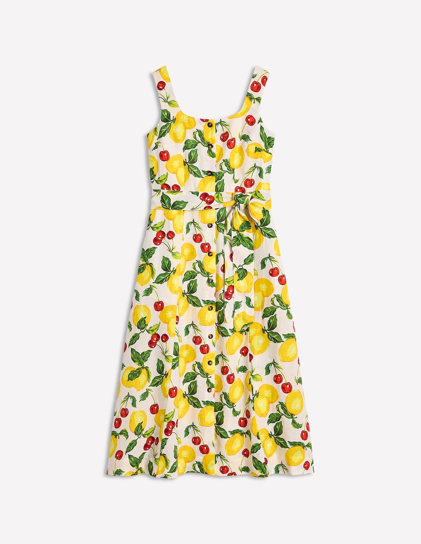 Square Neck Linen Midi Dress-Ivory, Cherries and Lemons