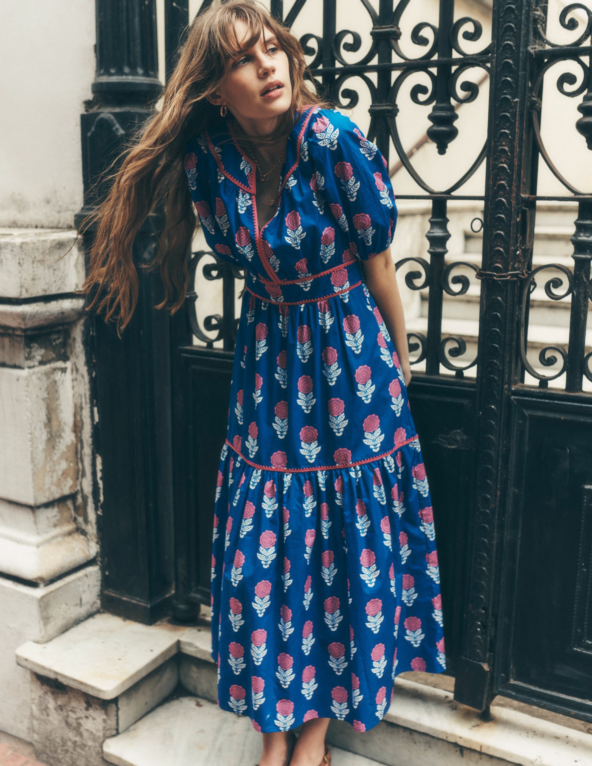 Rhea Embroidered Midi Dress-Gallery Blue, Dahlia Sprig - Image 6