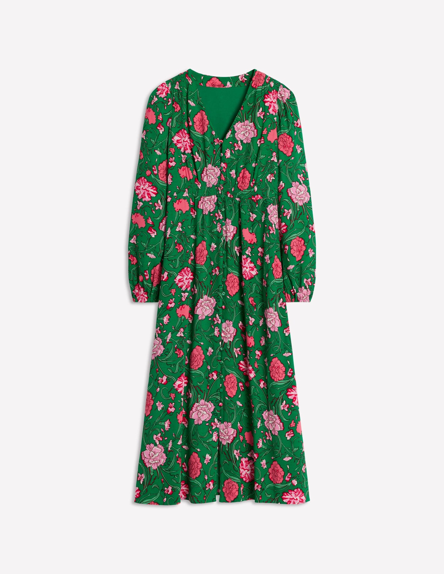 Cynthia Button Tea Dress-Rich Emerald, Carnation Vine