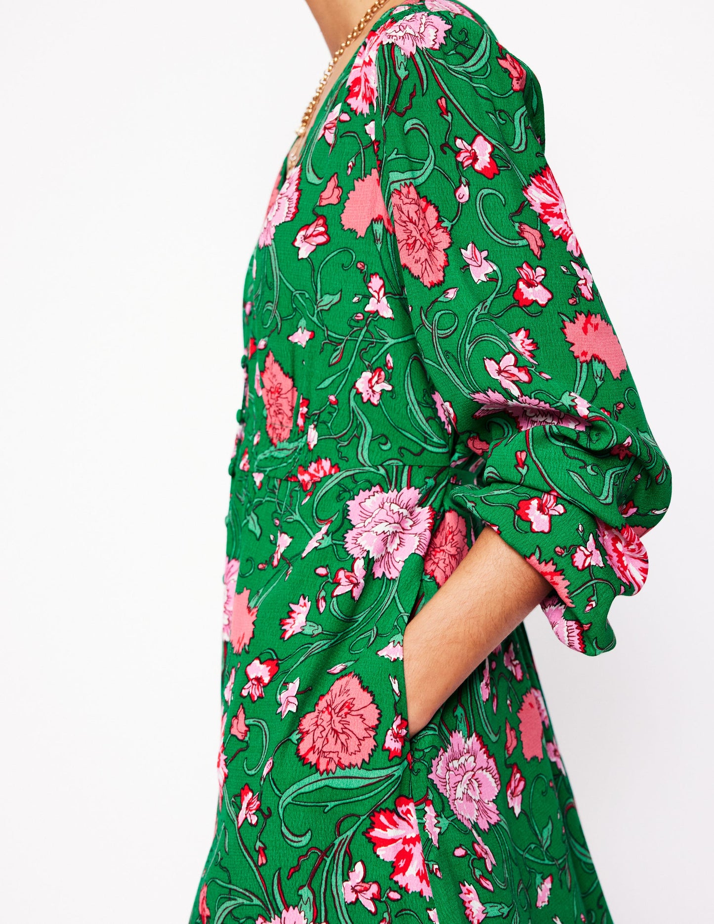 Cynthia Button Tea Dress-Rich Emerald, Carnation Vine