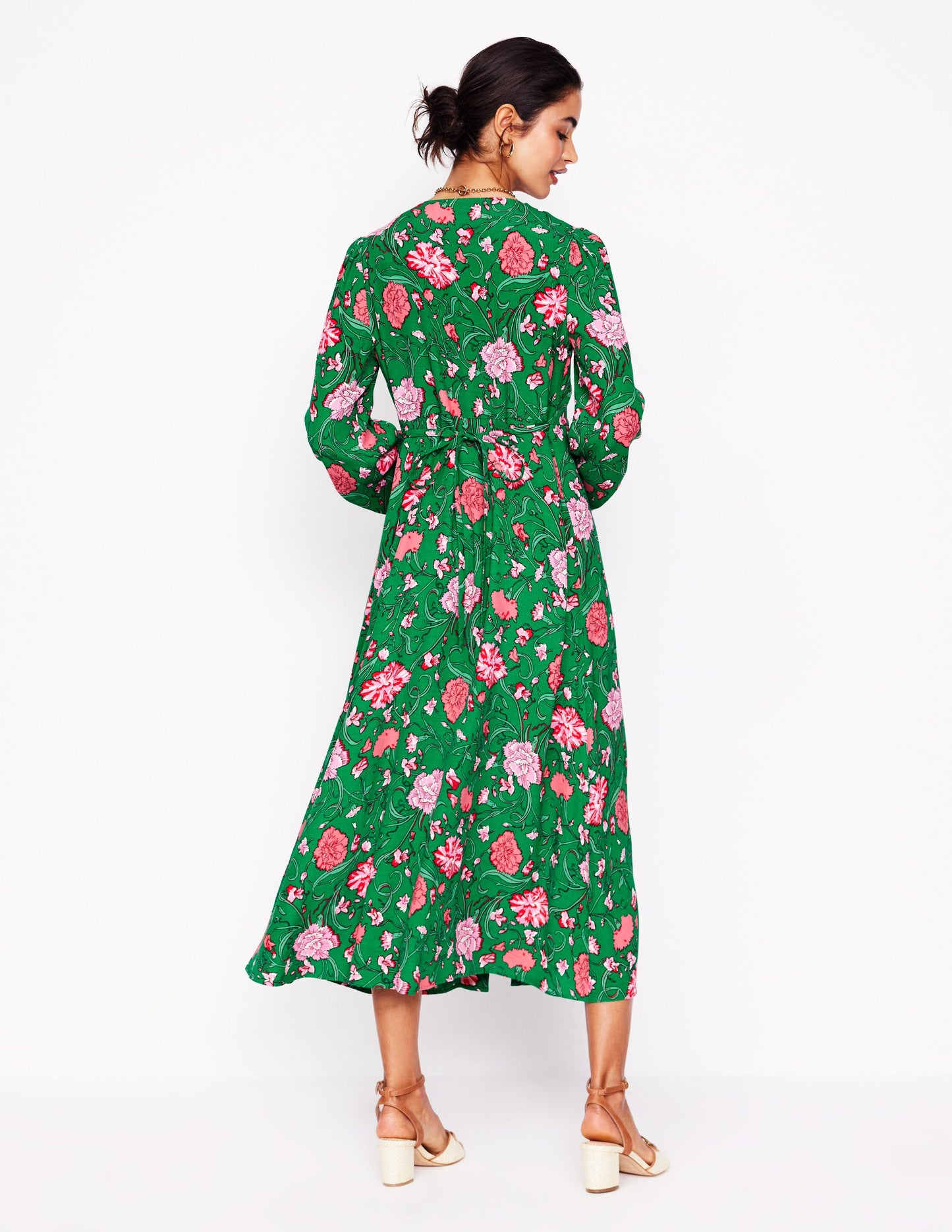 Cynthia Button Tea Dress-Rich Emerald, Carnation Vine