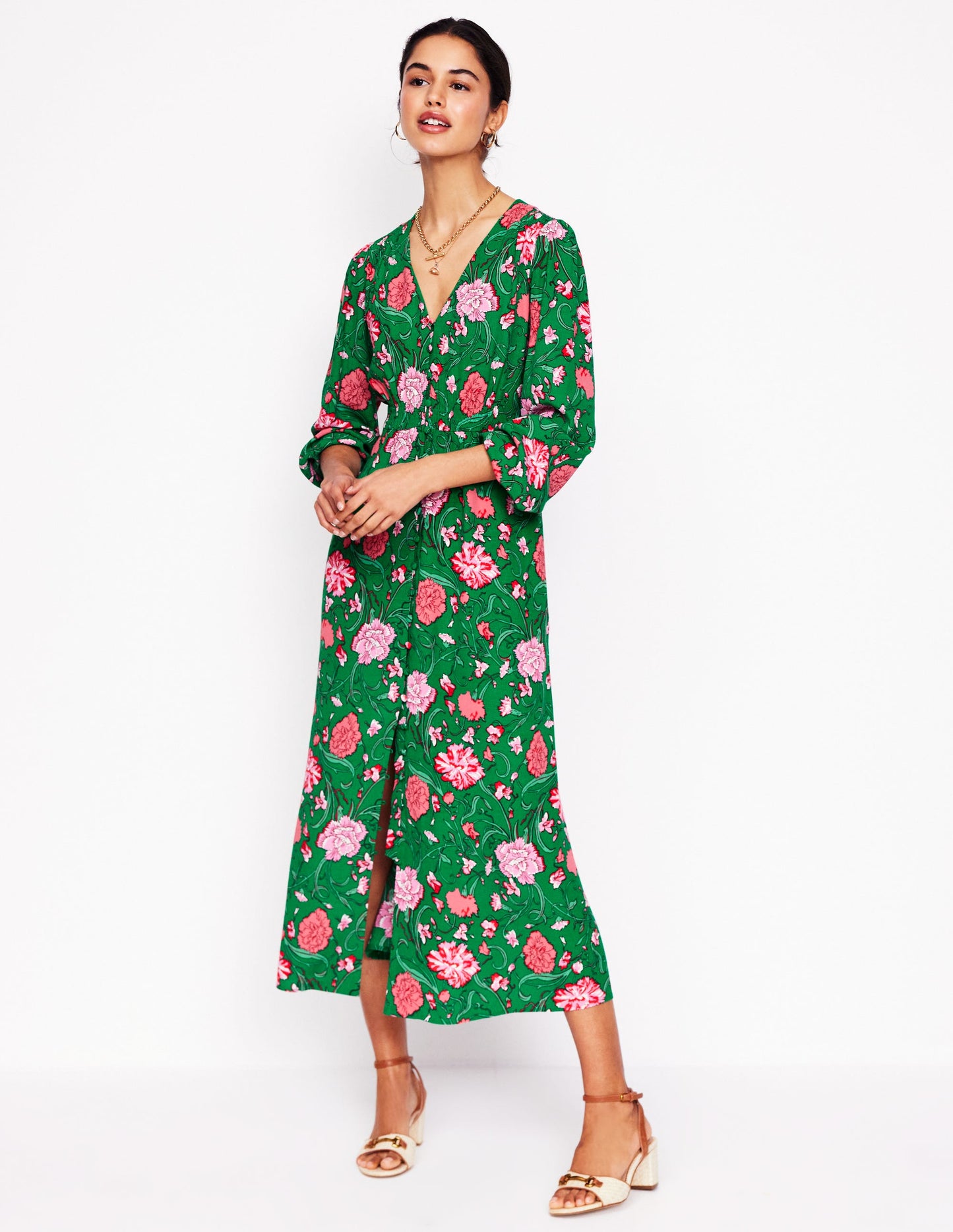 Cynthia Button Tea Dress-Rich Emerald, Carnation Vine