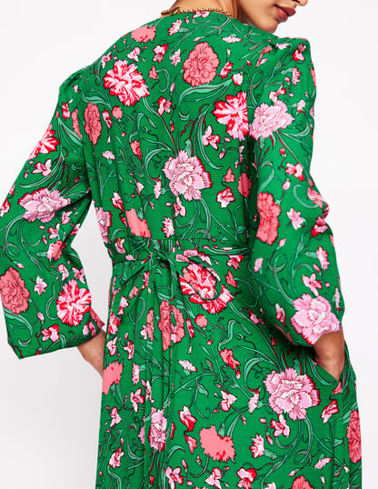 Cynthia Button Tea Dress-Rich Emerald, Carnation Vine