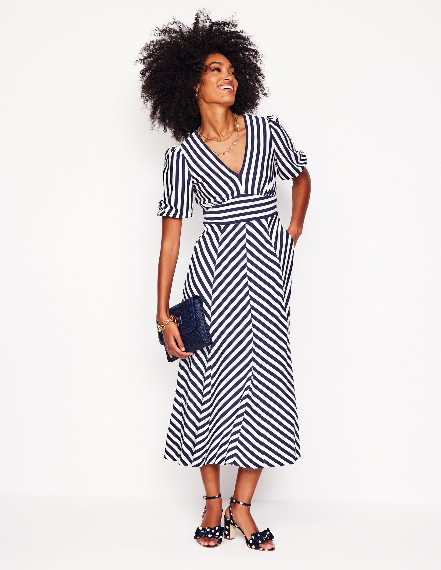 Ponte Panelled Tea Dress-French Navy, Ivory Stripe