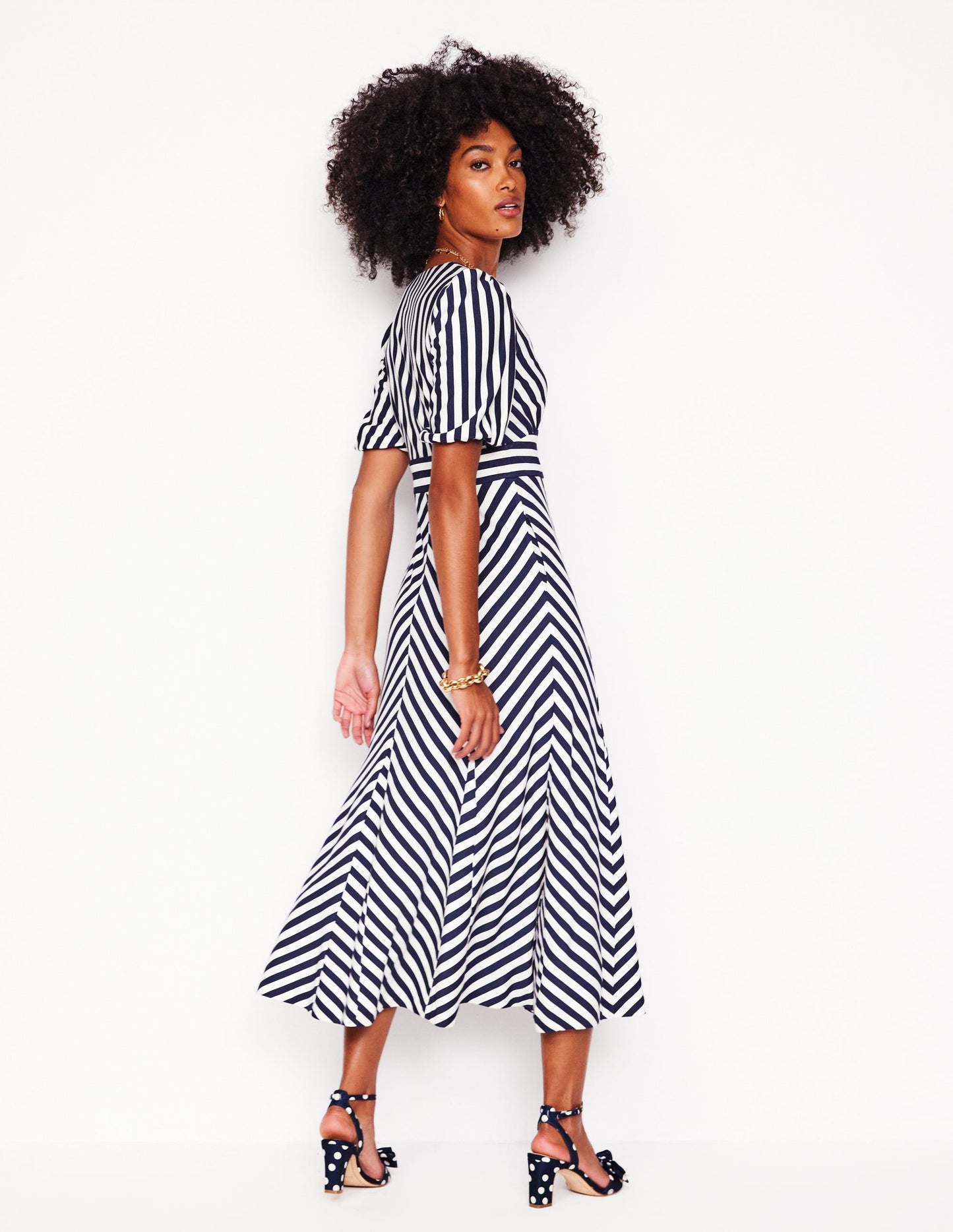 Ponte Panelled Tea Dress-French Navy, Ivory Stripe