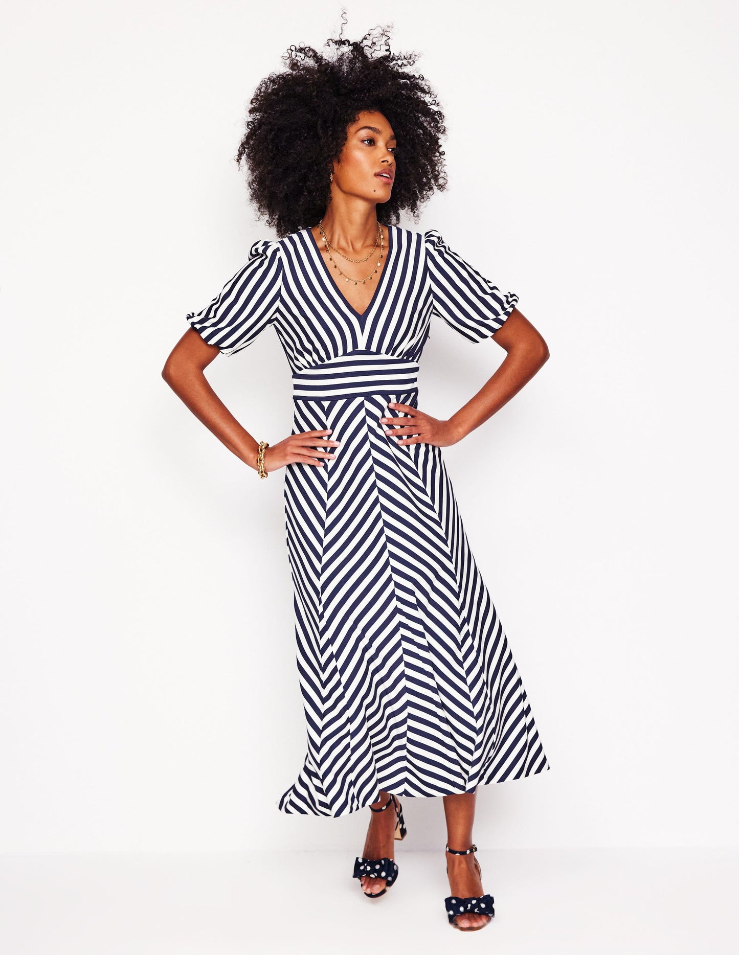 Ponte Panelled Tea Dress-French Navy, Ivory Stripe