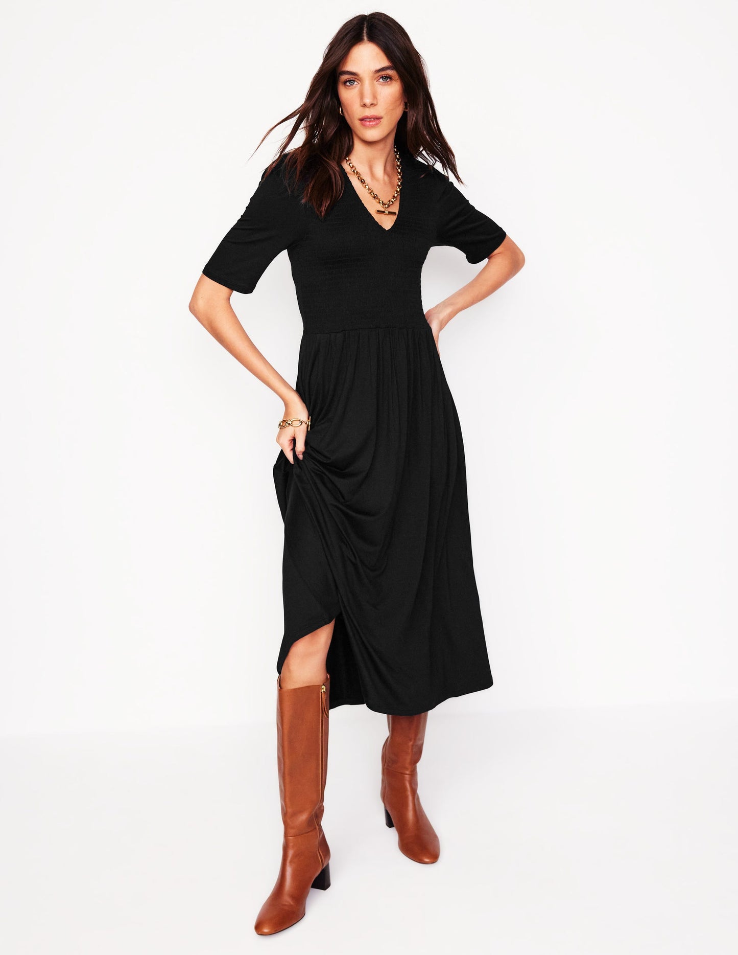 Bethany Smocked Jersey Dress-Black