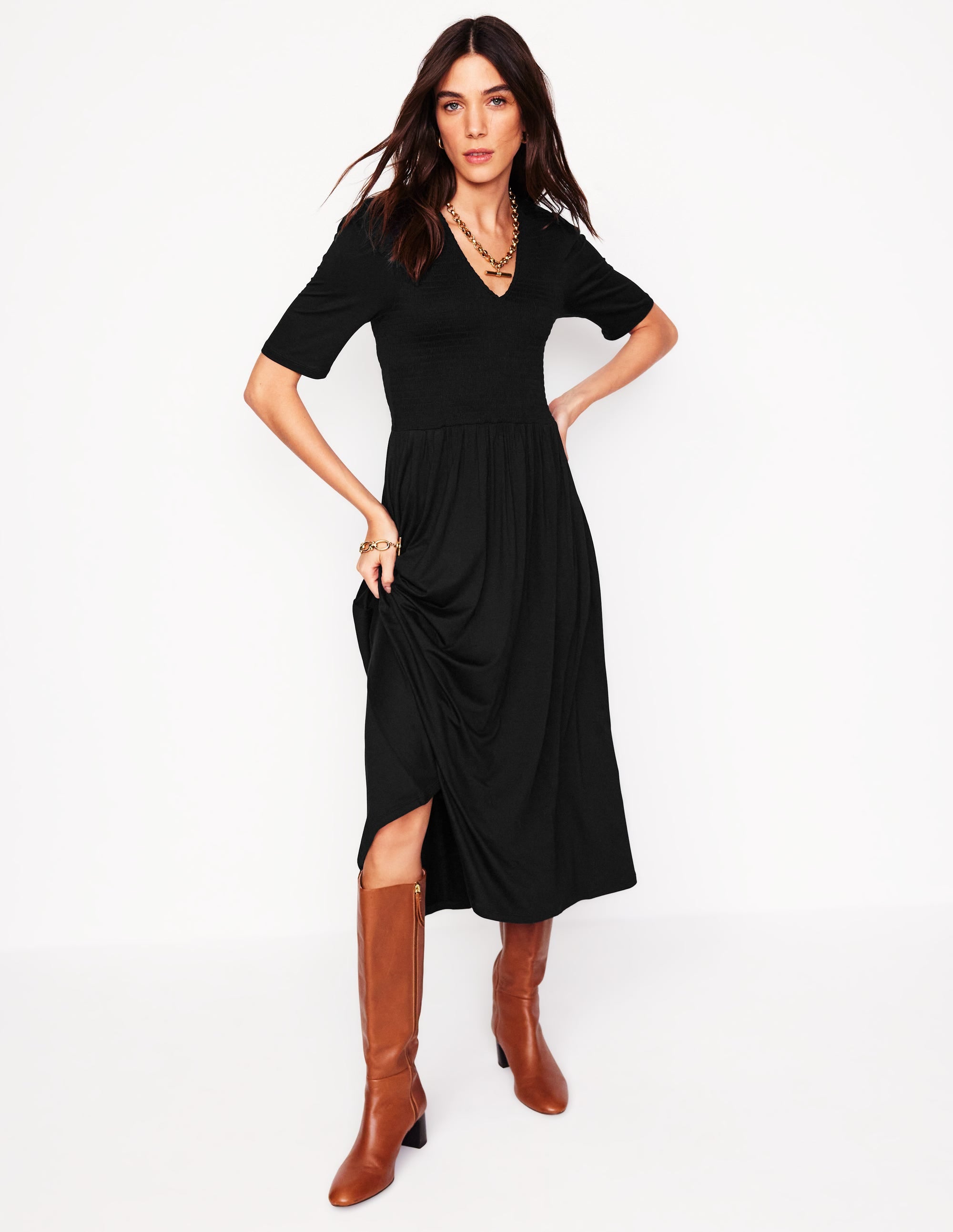 Bethany Smocked Jersey Dress-Black - Image 1