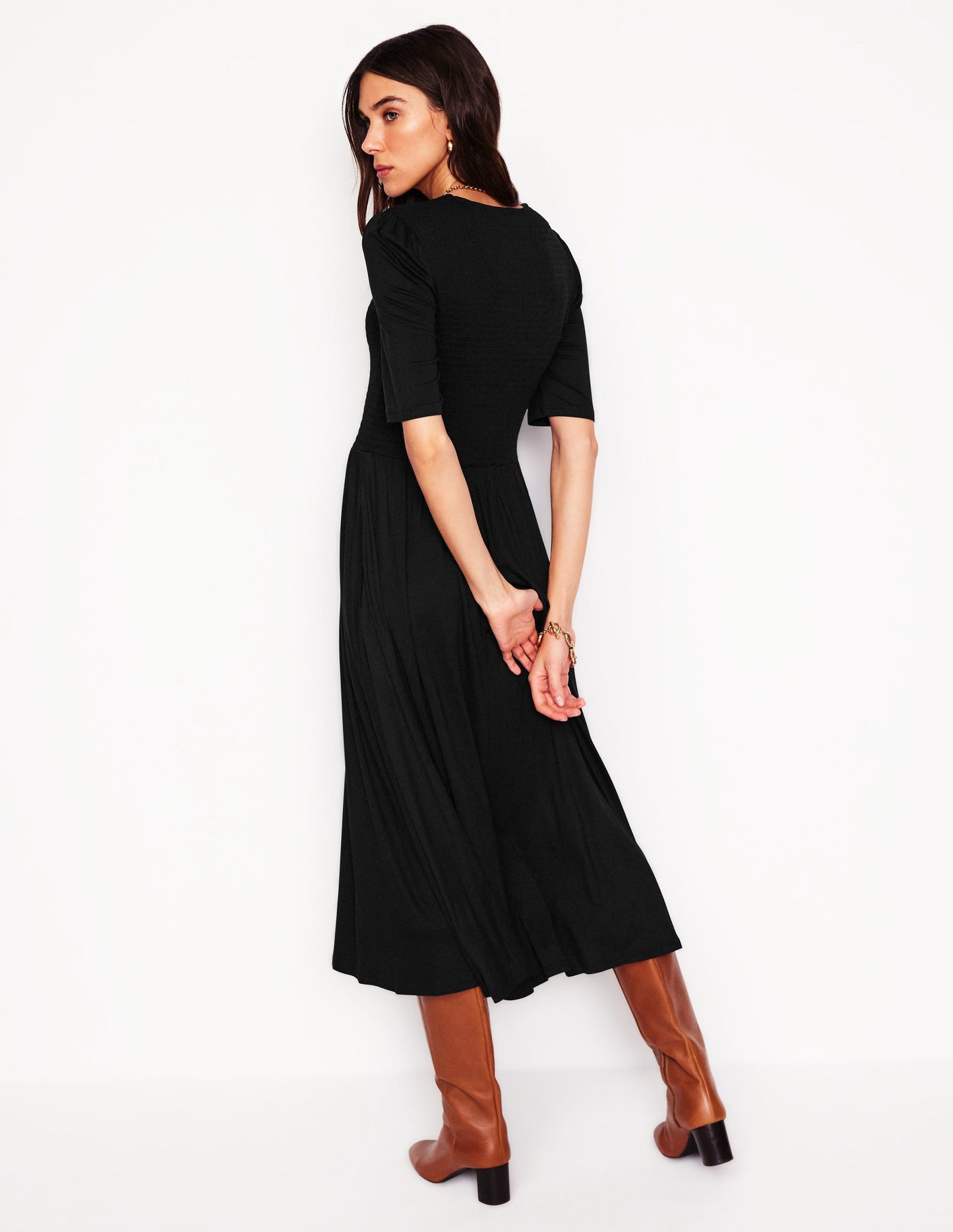 Bethany Smocked Jersey Dress-Black