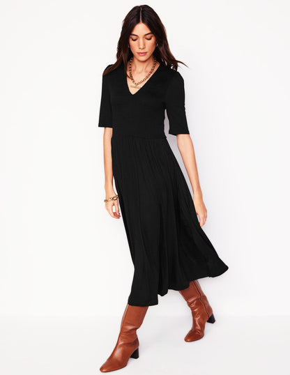 Bethany Smocked Jersey Dress-Black