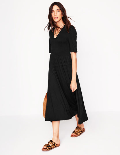 Bethany Smocked Jersey Dress-Black