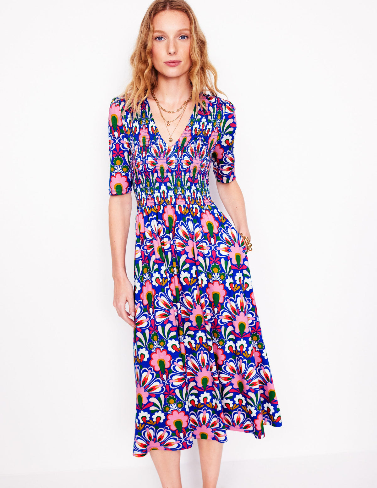 Bethany Smocked Jersey Dress-Gallery Blue, Dandelion - Image 1