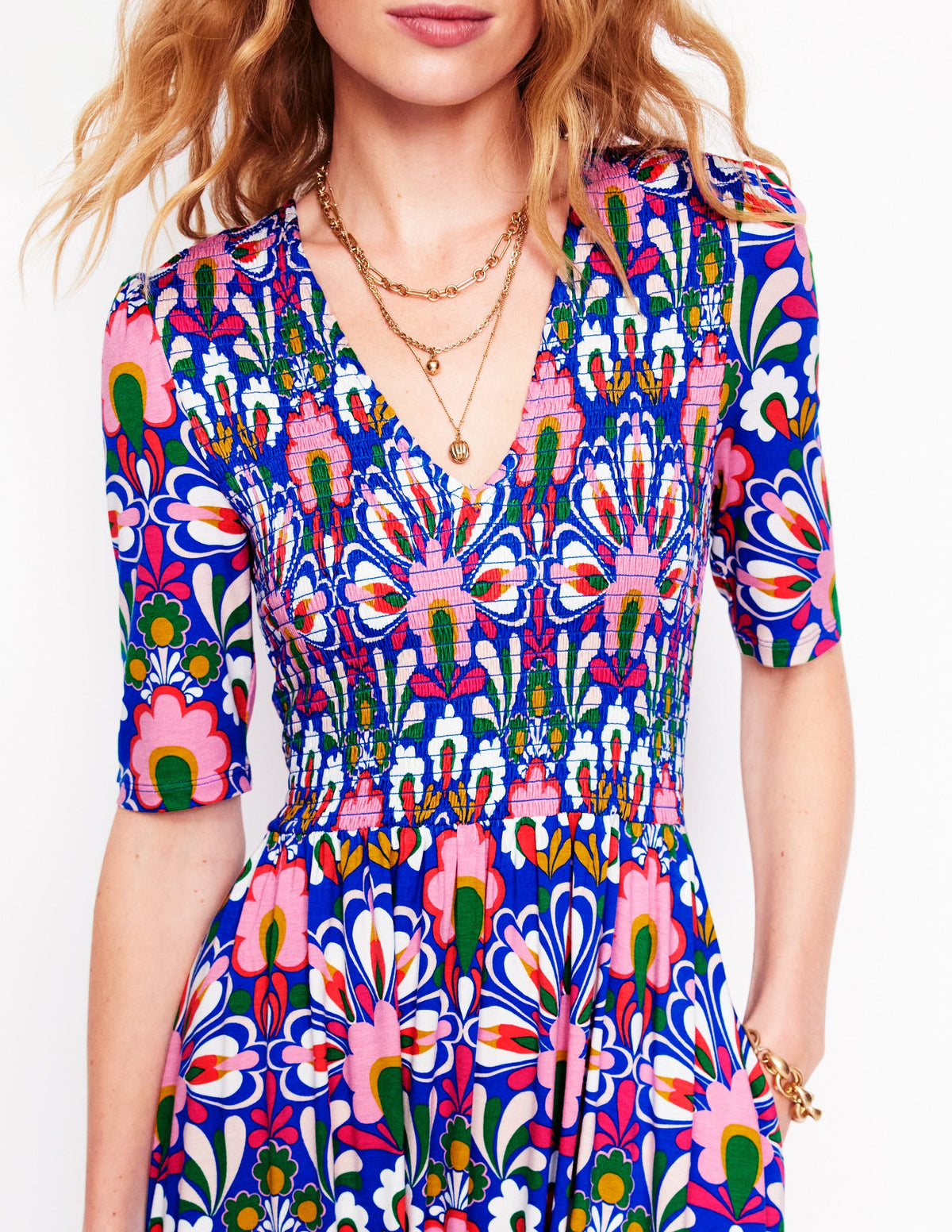 Bethany Smocked Jersey Dress-Gallery Blue, Dandelion - Image 3