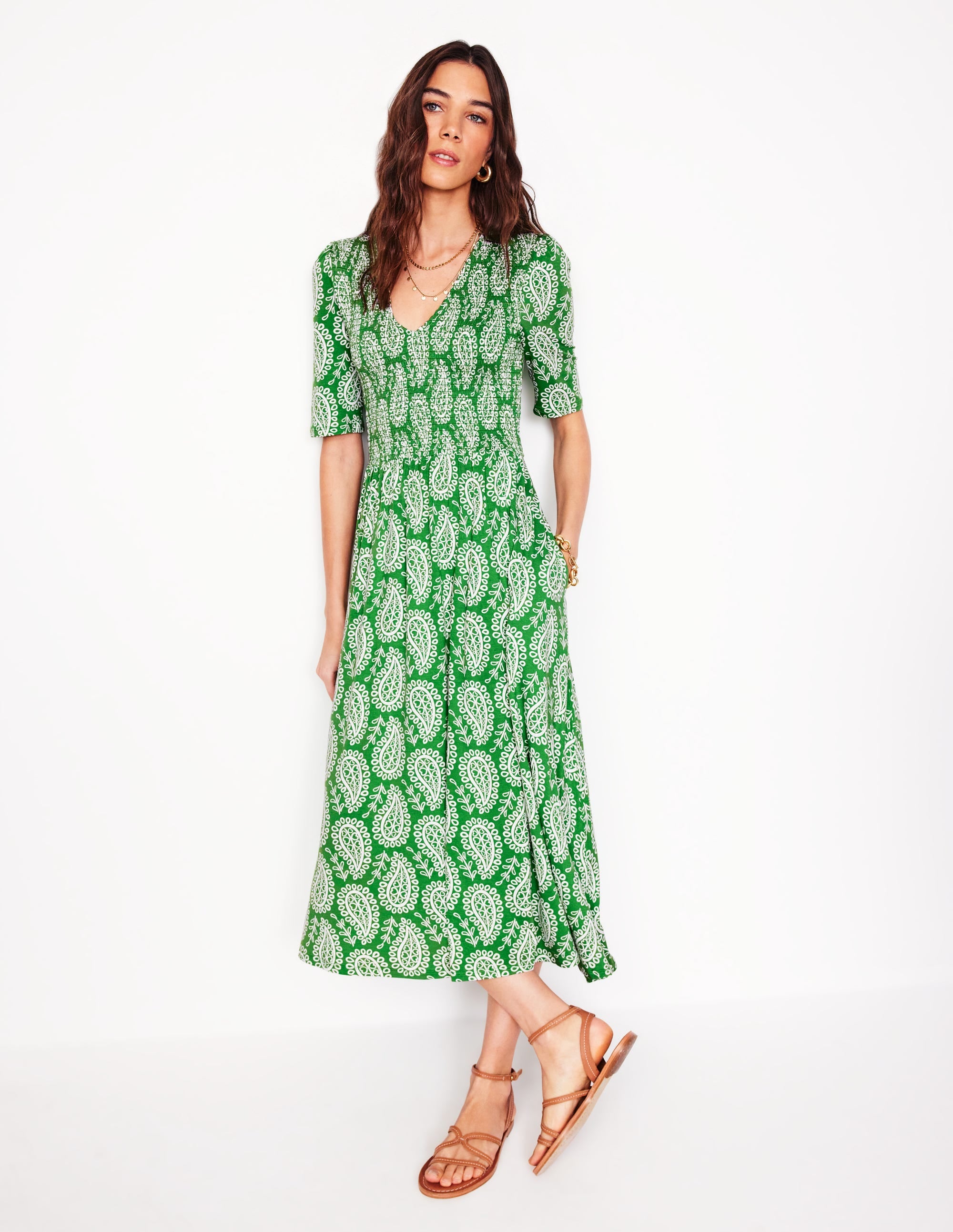 Bethany Smocked Jersey Dress-Paradise Green, Paisley Heart - Image 1