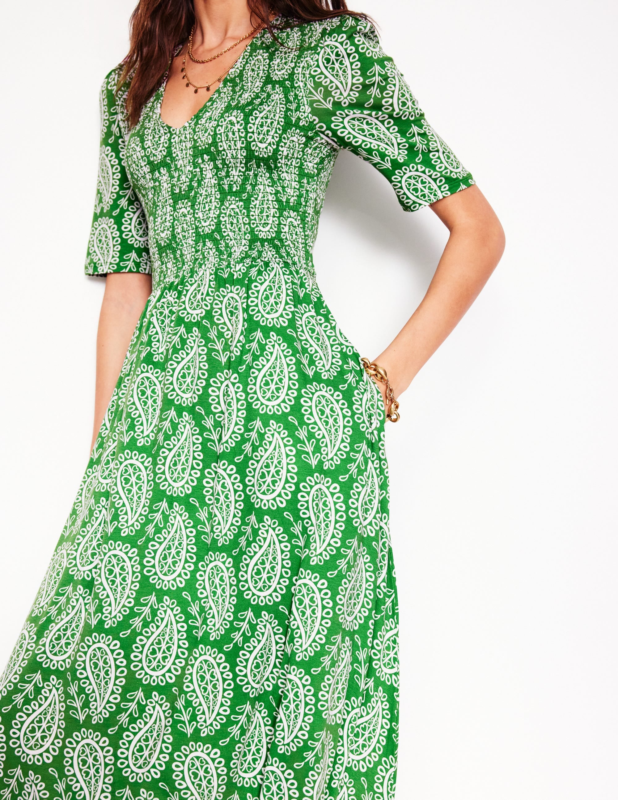 Bethany Smocked Jersey Dress-Paradise Green, Paisley Heart - Image 2