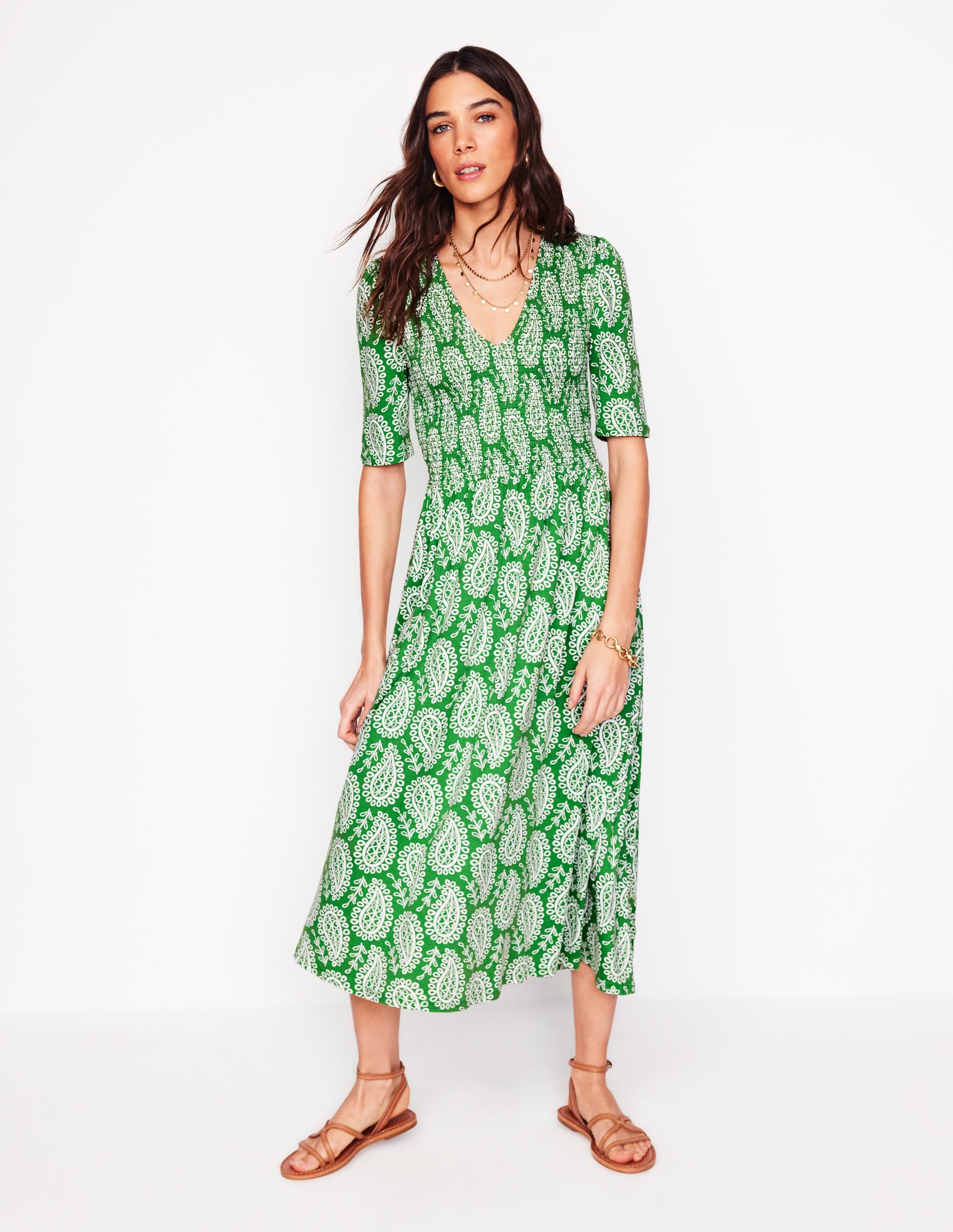 Bethany Smocked Jersey Dress-Paradise Green, Paisley Heart - Image 3