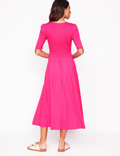 Bethany Smocked Jersey Dress-Pink Peony